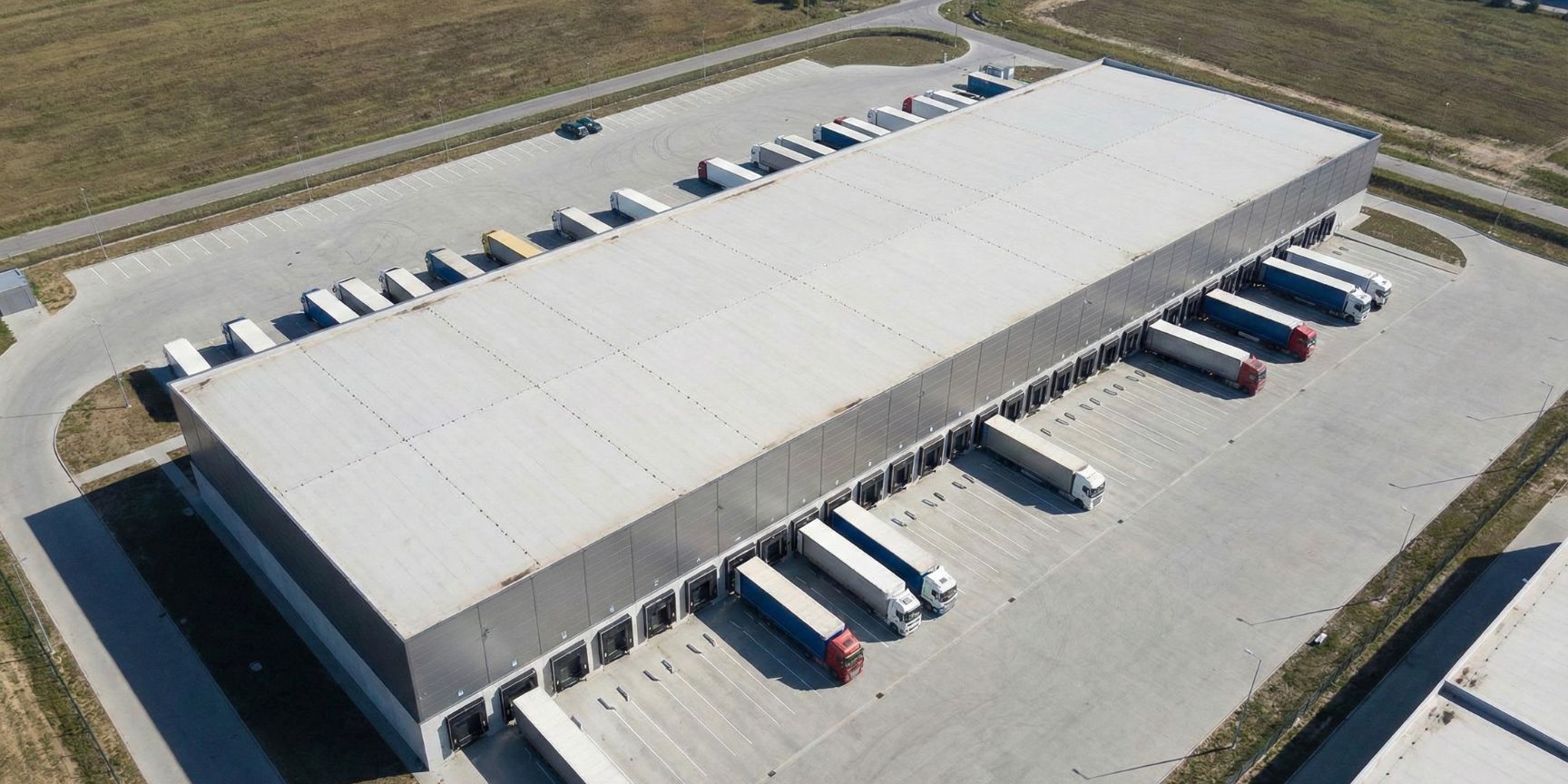 Aerial view of a large logistics property optimized for cross-docking. The building has numerous loading gates on two opposite long sides, where several trucks are docked to enable direct goods handling